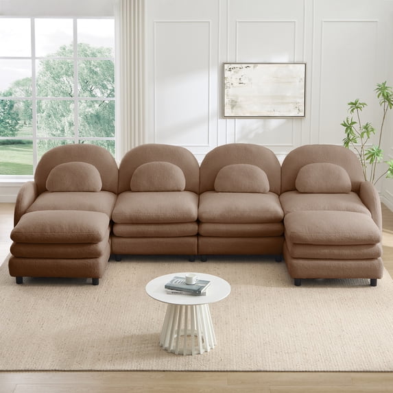 HUTWIFE 129.1" 4- Seater Teddy Velvet Sofa Camel Modular Couch with Two Ottoman, Curved Back & Lumbar Pillows