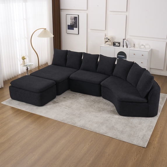 HUTWIFE 133'' Modular Woodgrain Chenille U-Shaped Sectional Compression Sofa with Removable Recliner Module, Black