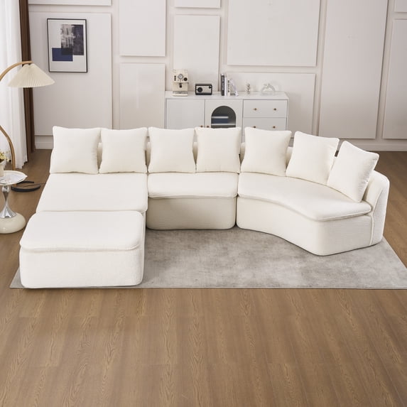 HUTWIFE 133'' Modular Woodgrain Chenille U-Shaped Sectional Compression Sofa with Removable Recliner Module, Milk White