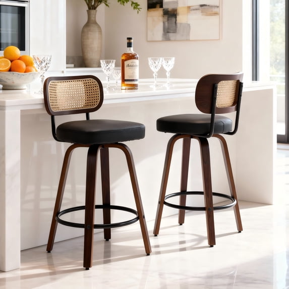 HUTWIFE Home Adult Rattan Back Faux Leather Upholstered and Walnut Bentwood Leg Bar Stools - Set of 2, Black
