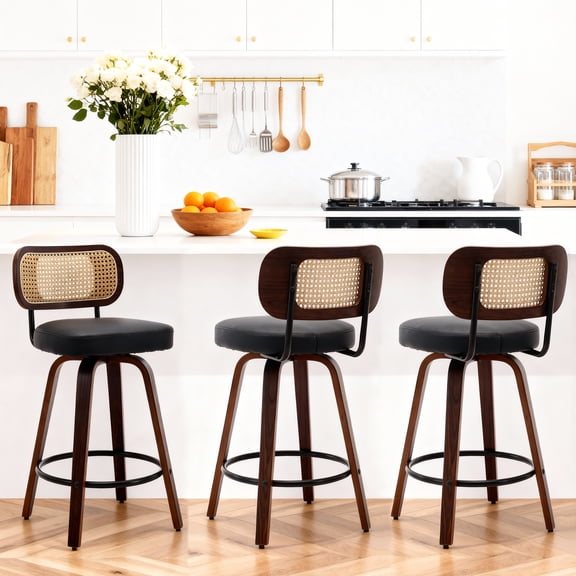 HUTWIFE 26 in. Swivel Counter Height Bar Stools Set of 3, Faux Leather Upholstered Bar Chairs with Rattan Back, Mid-Century Modern Counter Stools with Walnut Bentwood Leg for Kitchen Island, Black