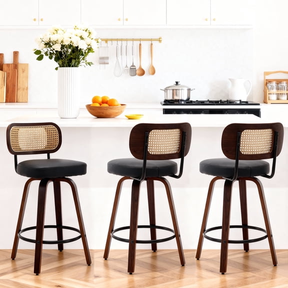 HUTWIFE 26 in. Swivel Counter Height Bar Stools Set of 3, Faux Leather Upholstered Bar Chairs with Rattan Back, Walnut Bentwood Leg , Black