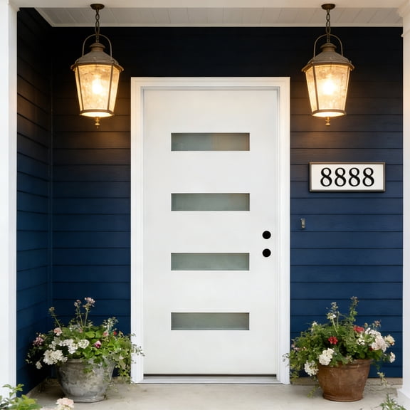 HUTWIFE 36x80 Fiberglass Entry Door with Brickmould & Vinyl Frame – White Finish, Left Hand Inswing, 4-Lite Frosted Glass, Contemporary Style, Knock-Down Design, White