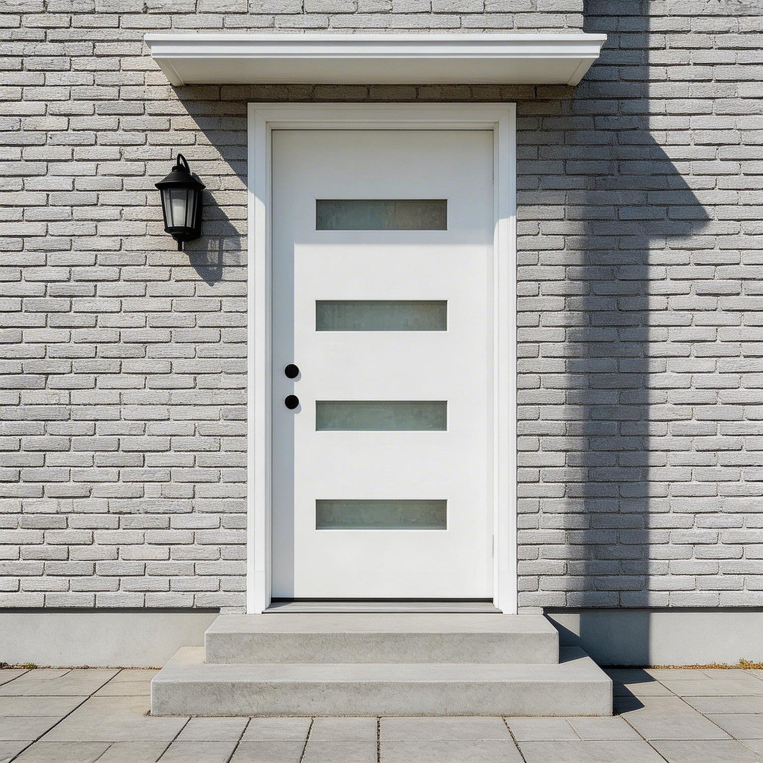 HUTWIFE 36x80 Fiberglass Entry Door with Brickmould & Vinyl Frame – White Finish, Right Hand Inswing, 4-Lite Frosted Glass, Contemporary Style, Knock-Down Design, White