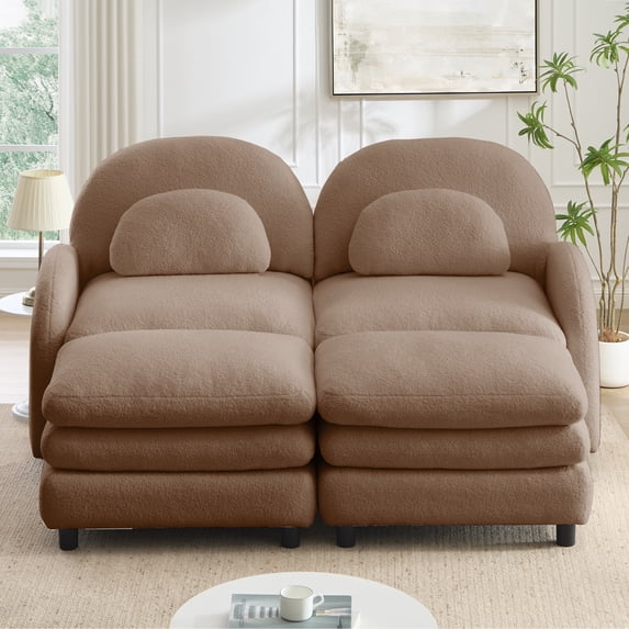 HUTWIFE 68.5" 2-Seater Teddy Velvet Couch, Camel Modular Sofa with Two Ottoman, Curved Back & Lumbar Pillows