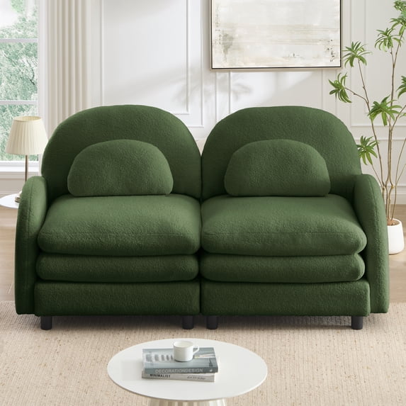 HUTWIFE 68.5" 2- Seater Teddy Velvet Sofa Green Modular Couch with Curved Back & Lumbar Pillows