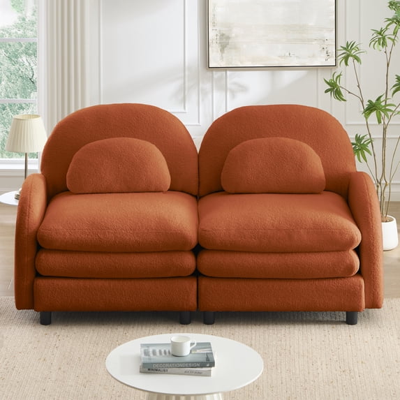 HUTWIFE 68.5" 2-Seater Teddy Velvet Sofa Orange Modular Couch with Curved Back & Lumbar Pillows