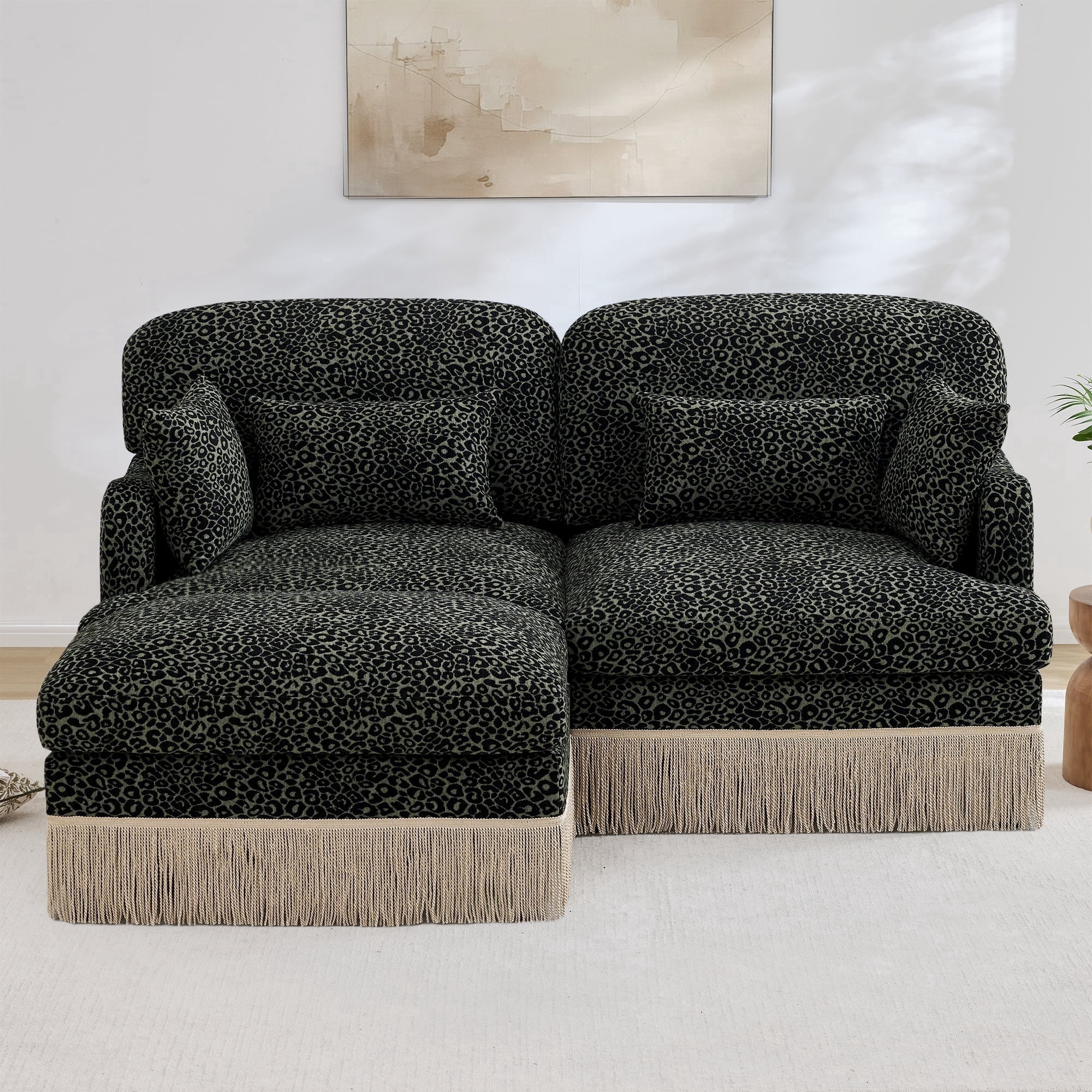 HUTWIFE Home Leopard Print Chenille Deep Seat and Tassel Trim Sectional Sofas with 1 Movable Ottoman, Green/Black