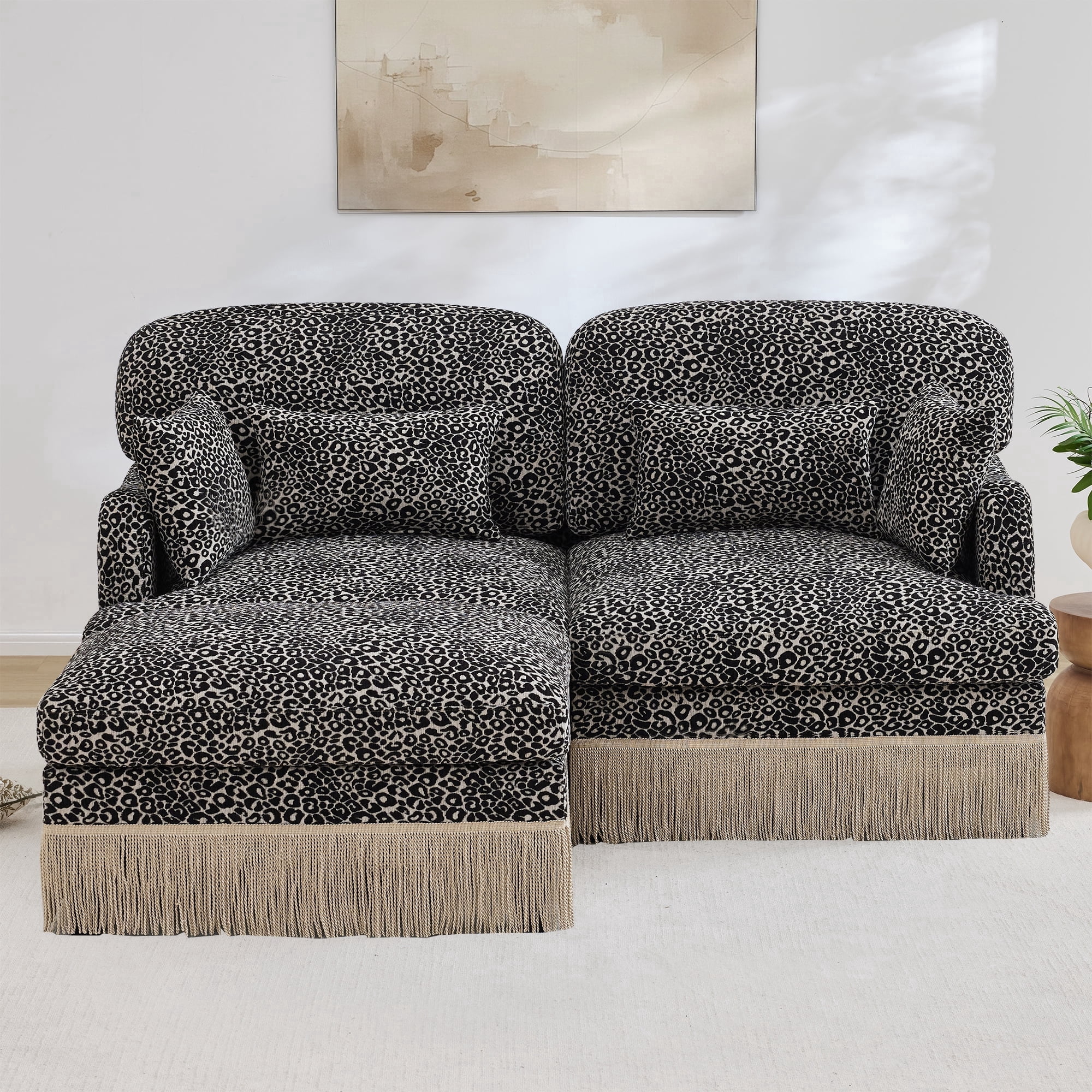 HUTWIFE Home Leopard Print Chenille Modular Sectional Sofas with 1 Movable Ottoman, Khaki Black