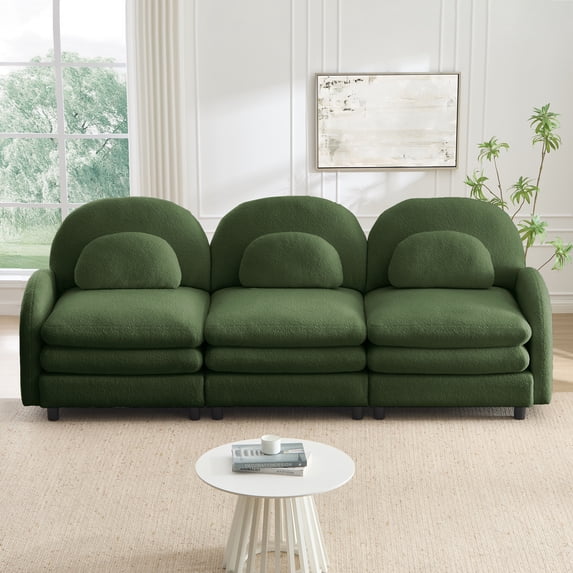 HUTWIFE 98.2" 3-Seater Teddy Velvet Couch, Green Modular Sofa with Curved Back & Lumbar Pillows