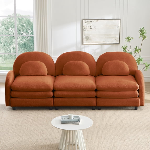 HUTWIFE 98.2" 3-Seater Teddy Velvet Couch, Orange Modular Sofa with Curved Back & Lumbar Pillows