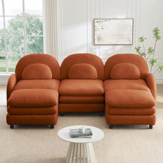 HUTWIFE 98.2" 3-Seater Teddy Velvet Couch, Orange Modular Sofa with Two Ottoman, Curved Back & Lumbar Pillows