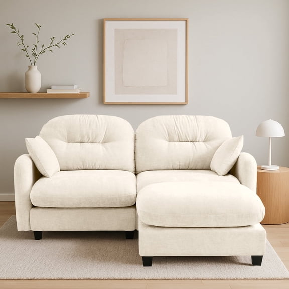 HUTWIFE 74" L-Shape Solid Print Chenille Modular and Deep Seat Sectional Sofas with Movable Ottoman, Beige
