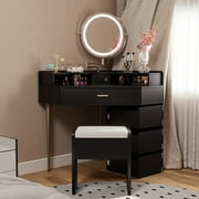 HUTWIFE Corner Vanity Desk With Lights, Makeup Vanity with Storage Shelf & 3 Drawers, Cabinet and Cushioned Stool, Modern Bedroom Makeup Table