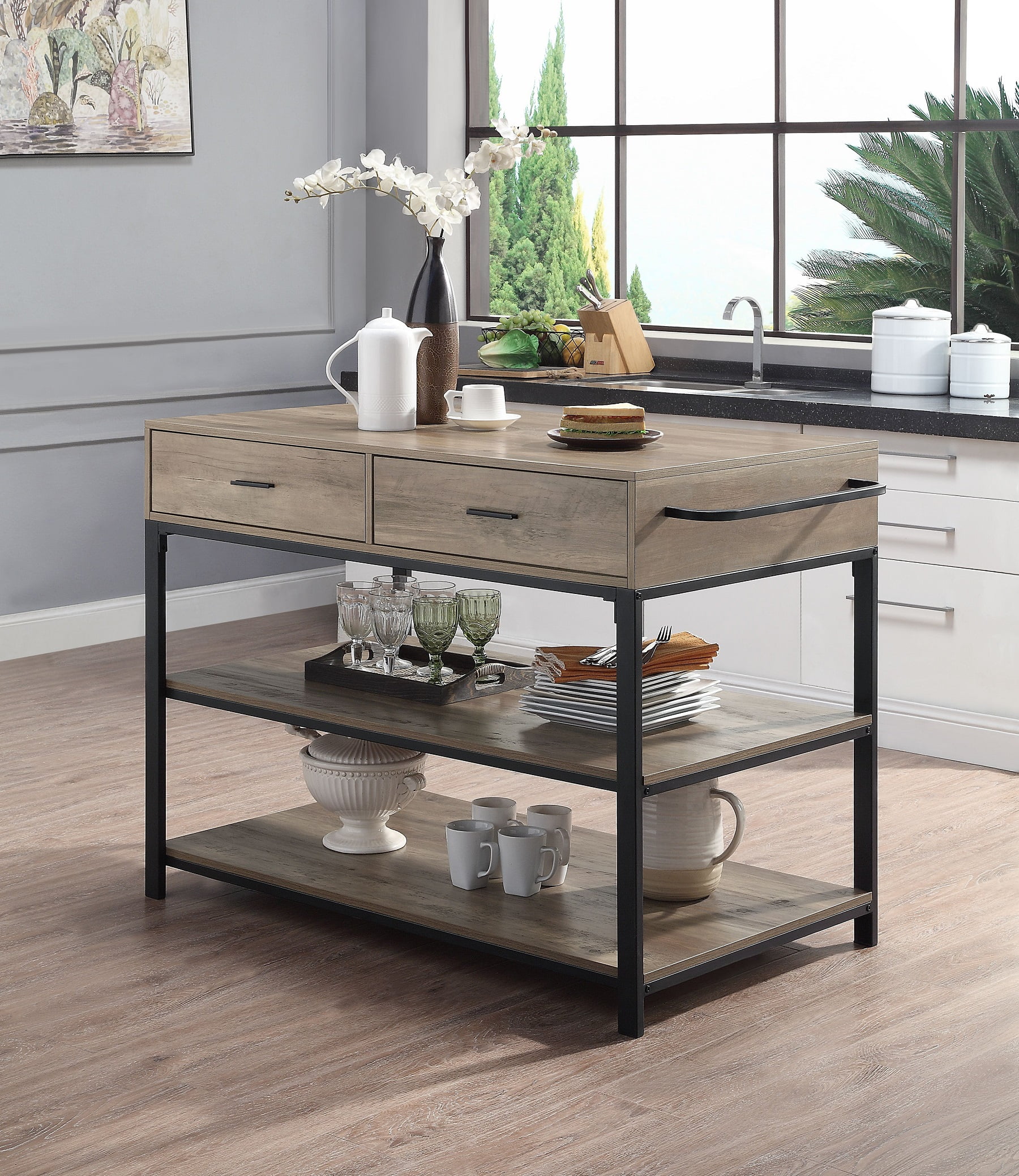 HUTWIFE Farmhouse Kitchen Storage Cart Island with large open shelves