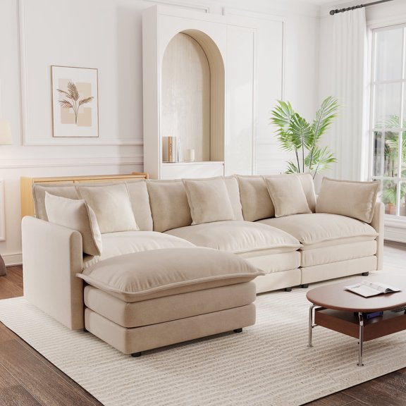 HUTWIFE 111.4-inch L Shaped Solid Print Chenille Modular and DIY Combination Sectional Sofas with Movable Ottoman, Brown