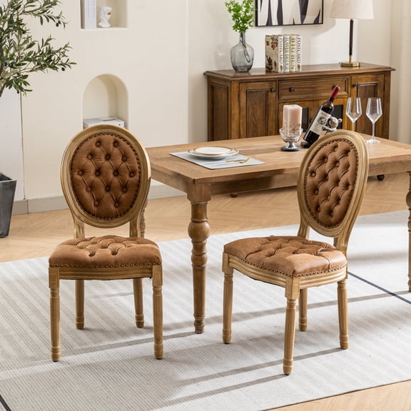 HUTWIFE PU Leather Upholstered Dining Chairs Set of 2 French Country Round Back Kitchen Side Chairs with Nailhead Trim and Wood Legs for Dining Room, Kitchen, Restaurant