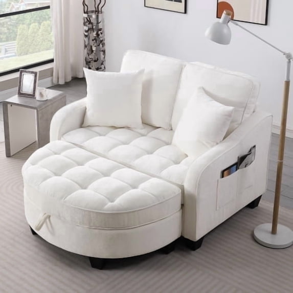 42" Cloud Boneless Curved Chaise Lounge Chair with Ottoman, Adjustable Backrest Chenille Single Chair, White for Living Room Bedroom Apartment