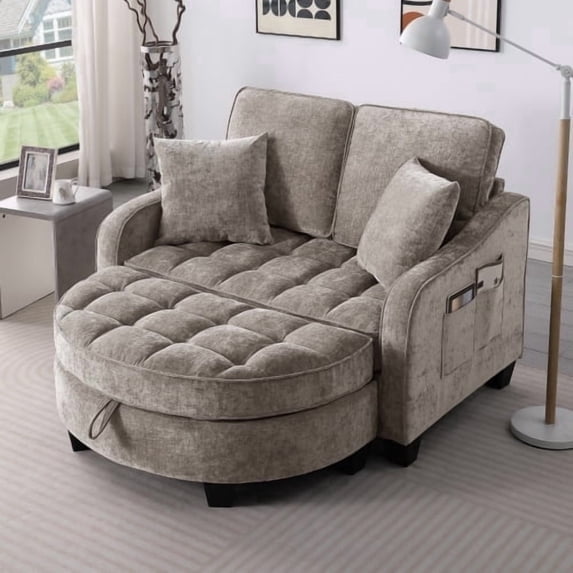 HUTWIFE 42" Chenille Cloud Boneless Curved Chaise Lounge Chair with Ottoman, Brown for Living Room Bedroom Apartment