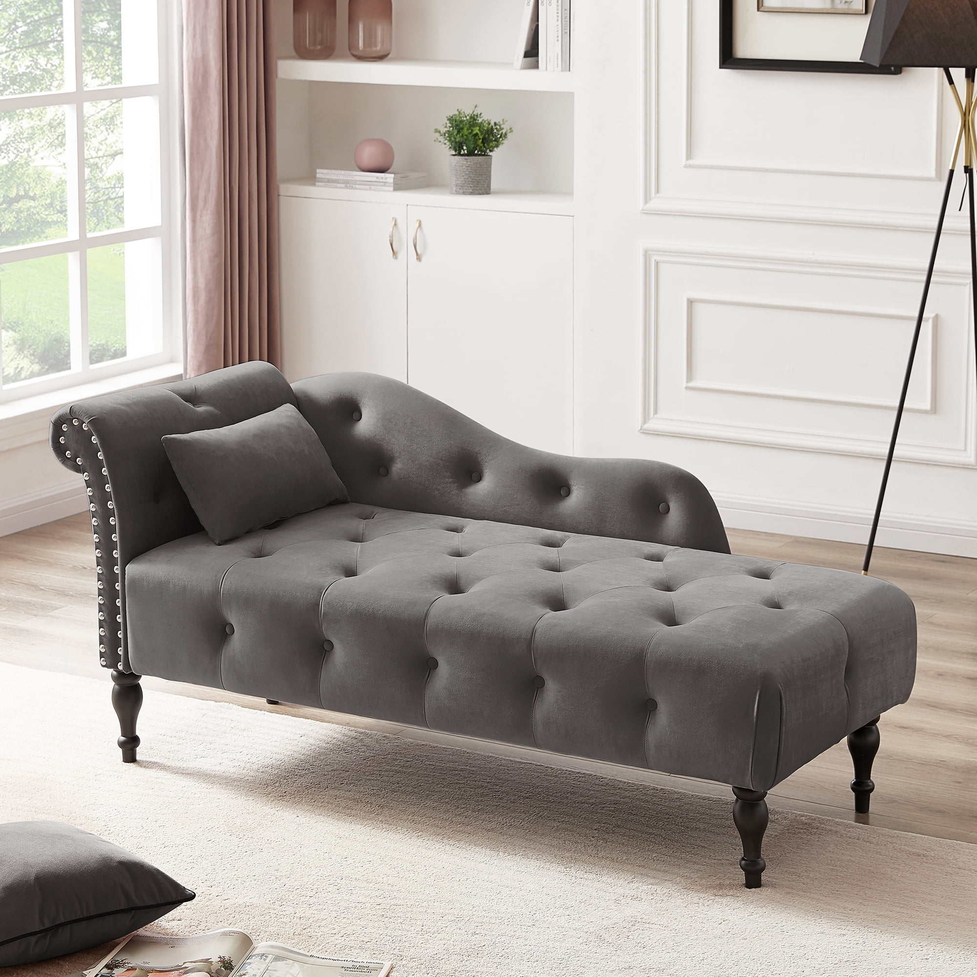 HUTWIFE Velvet Chaise Lounge, Left Arm Design Chaise with Nailhead Trim Tufted Button Lounge