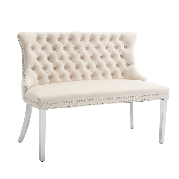 HUTWIFE Velvet Upholstered Dining Bench with Tufted Back and Nailhead Trim, suitable for Dining Room, Kitchen, Beige/Silver