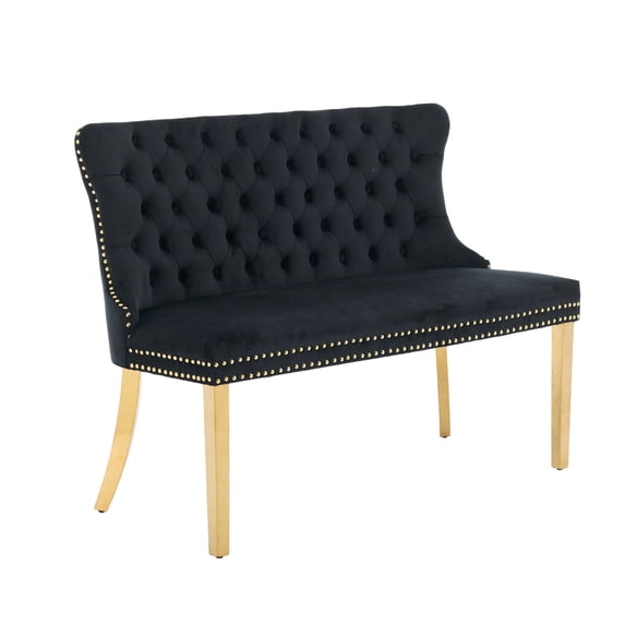 HUTWIFE Velvet Upholstered Dining Bench with Tufted Back and Nailhead Trim, Suitable for Dining Room, Kitchen,Black/Gold