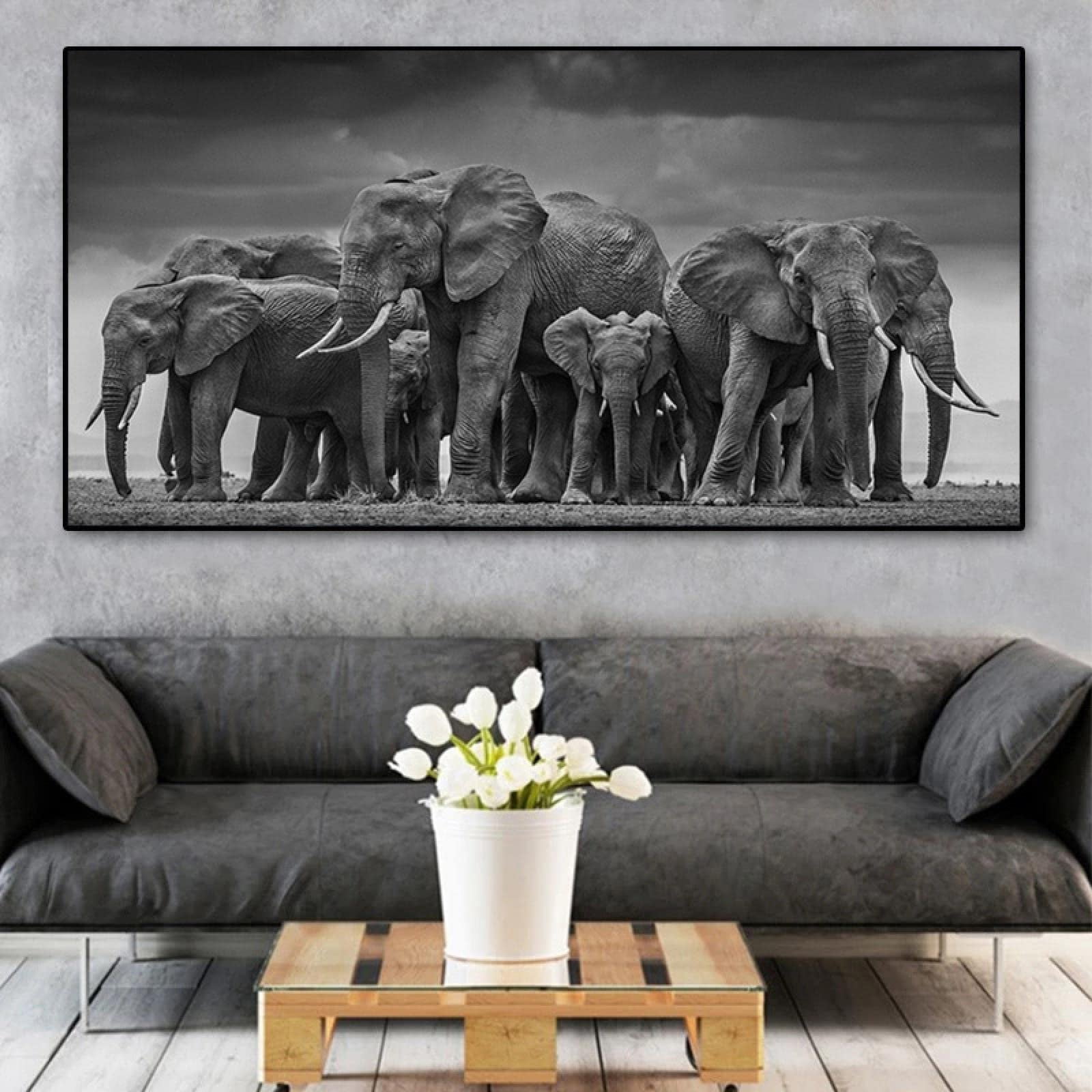 HUUDNHYK Africa Elephant Painting-Black and White Elephant Family Painting-Elephant Decorative Painting-Animal Picture Canvas Print Wall Decor 100x50cm (40x20in) Unframed