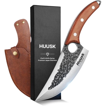 Huusk Knife Kitchen, Upgraded Viking Knives with Sheath Hand Forged Butcher Knife for Meat Cutting Cooking Meat Cleaver Huusk Chef Knives for Outdoor Camping, BBQ
