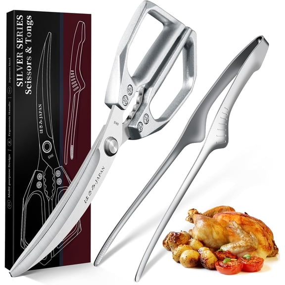 HUUSK Kitchen Scissors and Cooking Tong Set - Silver Kitchen Shears for Food with Stainless Steel BBQ Tongs, Japanese Style Dishwasher Safe Meat Scissors for All Purpose, Gifts for Men Women