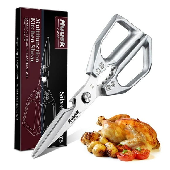 HUUSK Kitchen Scissors All Purpose - Stainless Steel Kitchen Shears, Sharp Silver Meat Scissors, Dishwasher Safe, Heavy Duty Poultry Shears, Japanese Cooking Scissors for Food