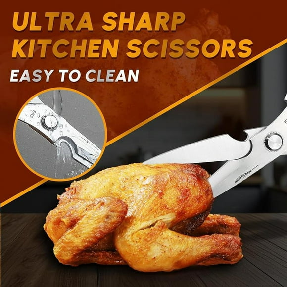HUUSK Kitchen Scissors All Purpose - Stainless Steel Kitchen Shears, Sharp Silver Meat Scissors, Dishwasher Safe, Heavy Duty Poultry Shears, Japanese Cooking Scissors for Food, Chicken Bones,