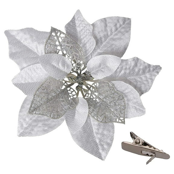 HUUXIW 15 Pieces Poinsettia Artificial Christmas Flowers Decorations Xmas Tree Ornaments Red Glitter Gold with Clips