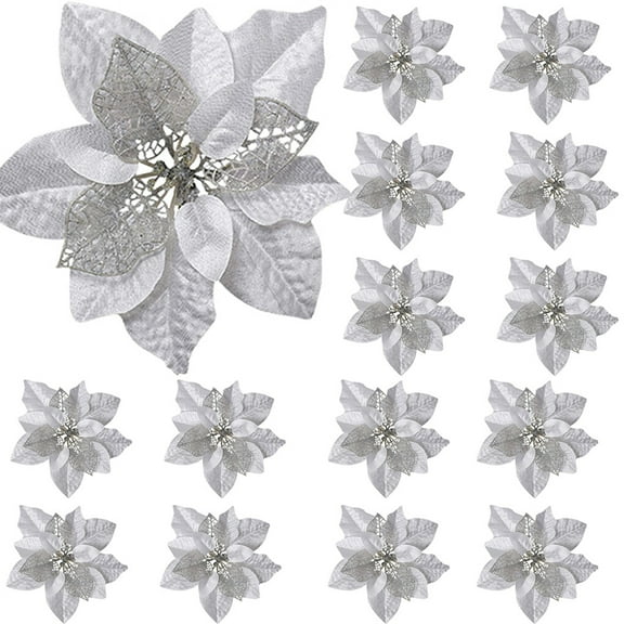 HUUXIW 15 Pieces Poinsettia Artificial Christmas Flowers Decorations Xmas Tree Ornaments Red Glitter Gold with Clips