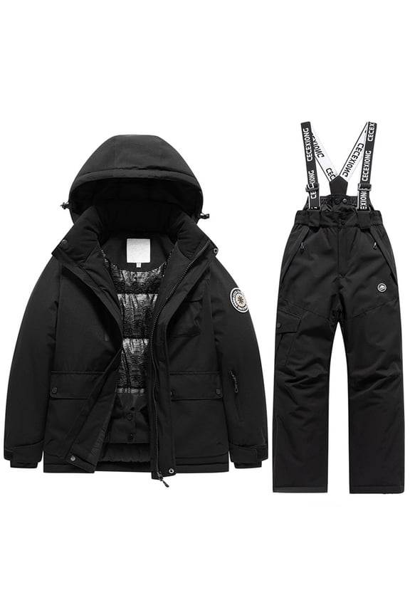 -Kids Winter Warm Snowsuit Outfit - Boys Girls Thermal Ski Jacket and Pants Set, Windproof Snowsuit for Cold Weather, Ideal for Skiing and Snow Play(Black+Black,6-7Years)