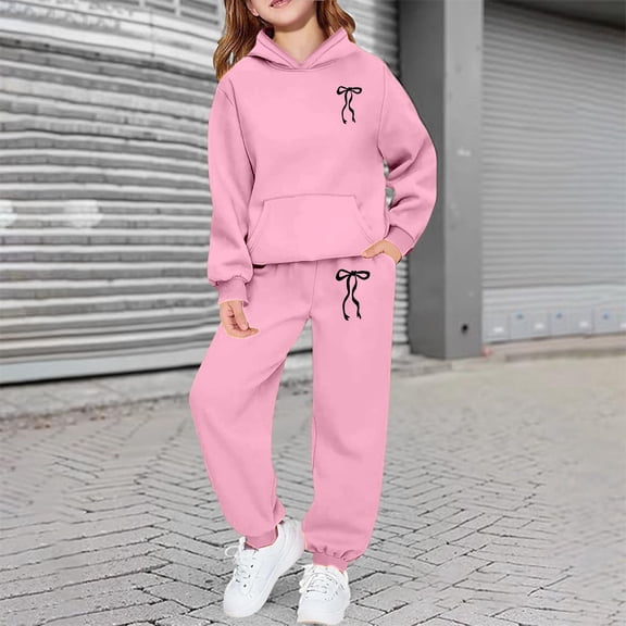 HUXUN-Sweatsuit Outfits for Girls Bow Graphic Hooded Pullover Sweatshirt Cargo Jogger Sweatpants Children Sweat Suits(C-Pink,3-4Years)