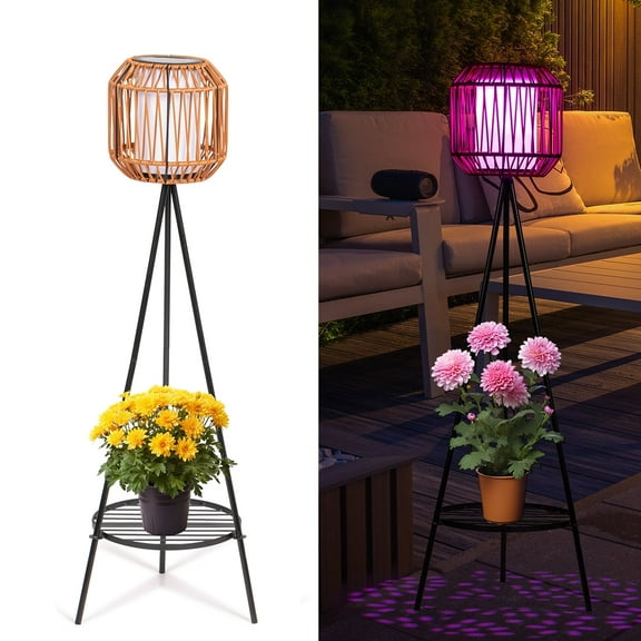 HUYIENO 2pk Solar Floor Lamps Porch Decorations 9 Color Option Outdoor Rattan Lights with Plant Stand Both USB Charge and Solar Powered Garden Lantern Lights for Patio Yard Pathway