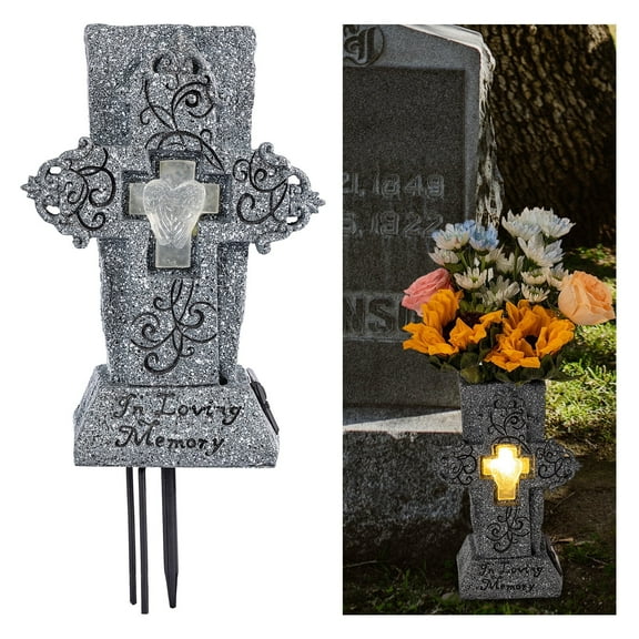 HUYIENO Solar Cemetery Vase with LED for Fresh/Artificial Flowers Grave Flower Cross Vase Headstones Vases with Spikes Gravestone Decor Memorial Gifts for Loss of Loved One
