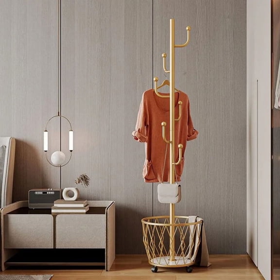 HUYUZS Gold Cactus Coat Rack, Freestanding, with Basket & Bag Hook