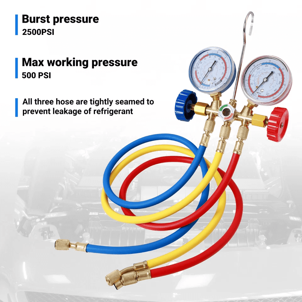 HVAC Manifold Gauge, Car Refrigerant Recharge Leak Double Meter, Air Conditioning Fluorine Adding Tool W/ 1/4 Connectors 3-Color 35" Hose Support 500psi Working Pressure