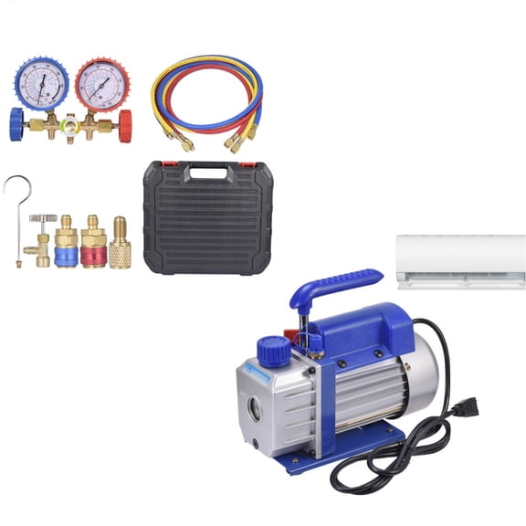 HVAC Refrigerant Vacuum Pump & Manifold Gauge Kit - 3/4 CFM 1/4HP 5 Pa Single-Stage Rotary Vane Pump with 3 Way AC Gauge Set 1/4" Flare Inlet Adapters Hoses