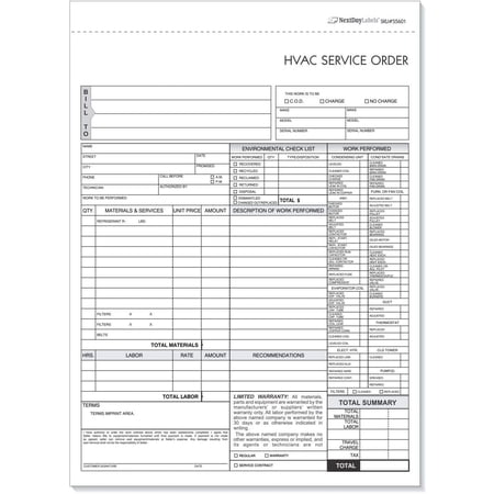 Next Day Labels HVAC Service Order Invoice & Repair Detail Form, 100 Sets