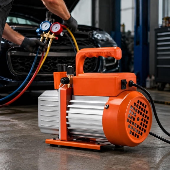 HVAC vacuum pump, single stage rotary vane, 5 Cfm, 250W, compatible with R134a R22 R410a refrigerants, with 1/2" Acme and 1/4" Sae fittings