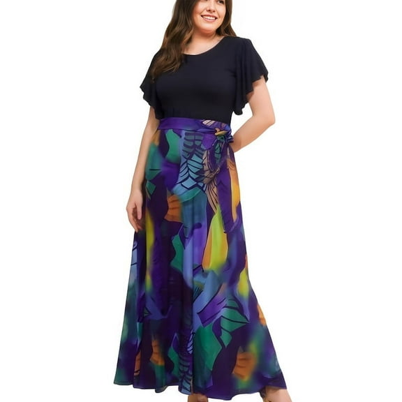 HVEOO Boho Floral Ruffle Hem Maxi Dress - Women's Short Sleeve Spring Cocktail Party Dress, Casual Summer Dress