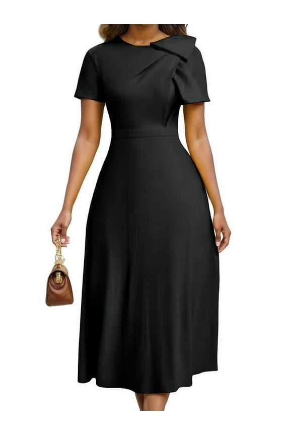 Fashion A-Line Short Sleeve Women Work Ruffle Midi Dress Casual Summer Elegant Dresses, Black Size XXL