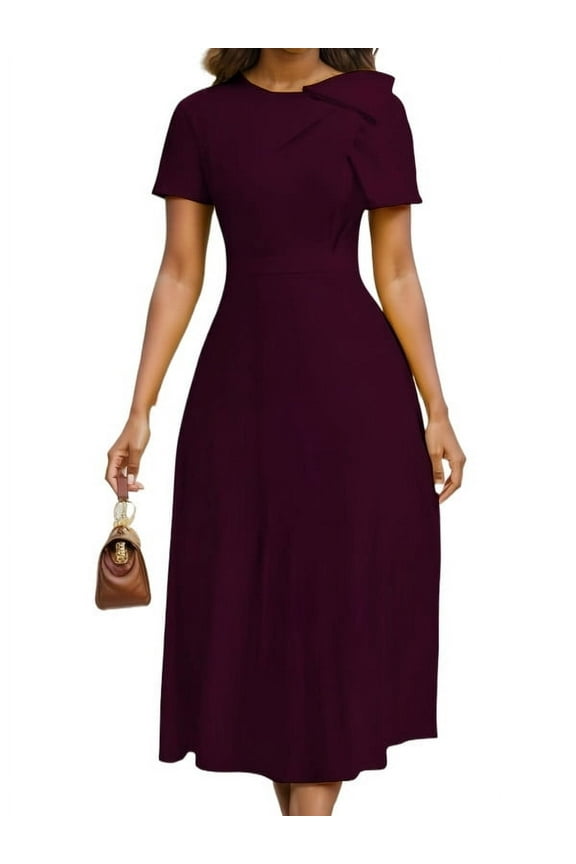 Formal Peplum Cocktail Dress Short Sleeve Bow Ruffle A-Line Party Midi Dresses for Women, Burgundy Size S