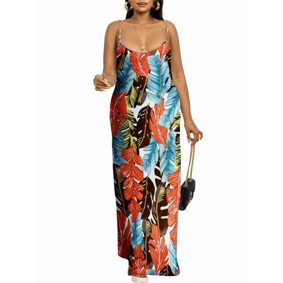 HVEOO Maxi Dress V-Neck Strappy 3D Print Loose Summer Casual Dress Sundress for Women, L