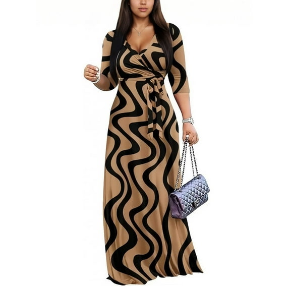 HVEOO Maxi Dresses for Women Casual 3/4 Sleeve Wrap Dress Plus Size Curvy Cocktail Dresses