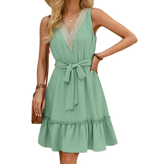 HVEOO V-Neck Summer Casual Beach Dress for Women 2025 Vacation Women's Sleeveless Sundress, Green Size L