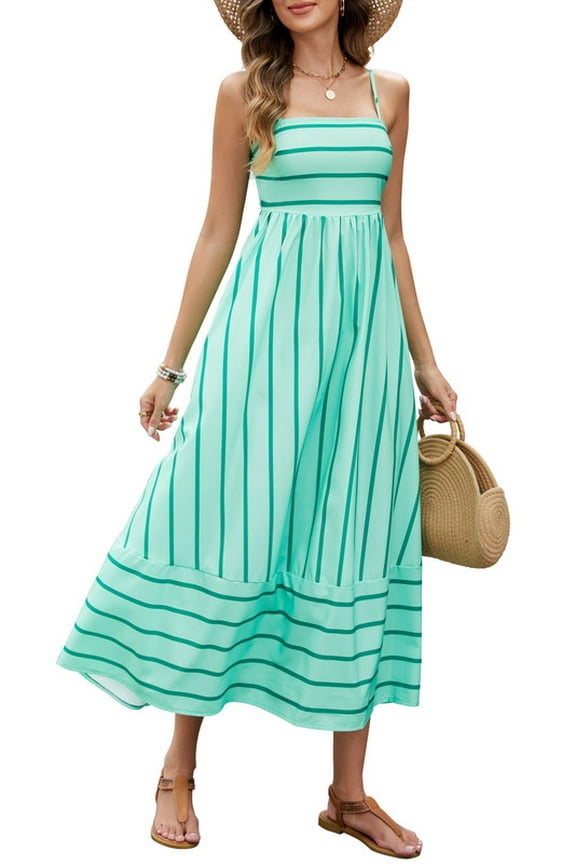Women Boho Long Dress Spaghetti Strap Flowy Maxi Dress Beach A Line Sundress, Green