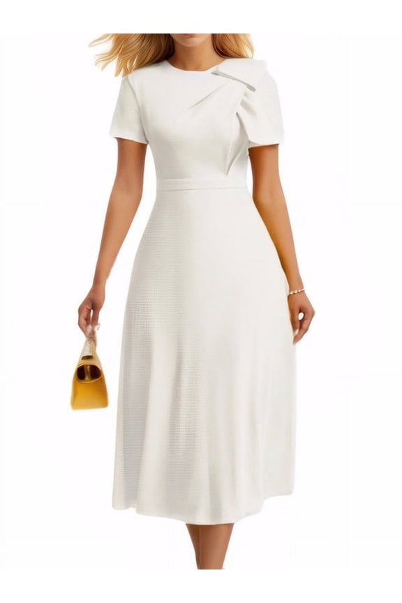 Summer Short Sleeve Elegant Casual Dress Women A-Line Work Cocktail Party Dress, White Size S